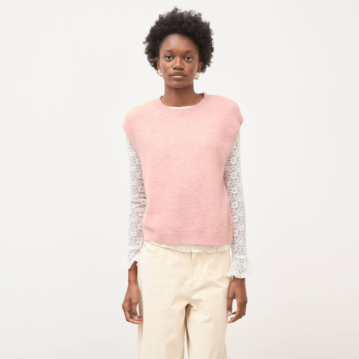 Pull droit court sans manches col rond rose pastel femme