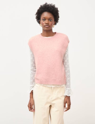 Pull droit court sans manches col rond rose pastel femme