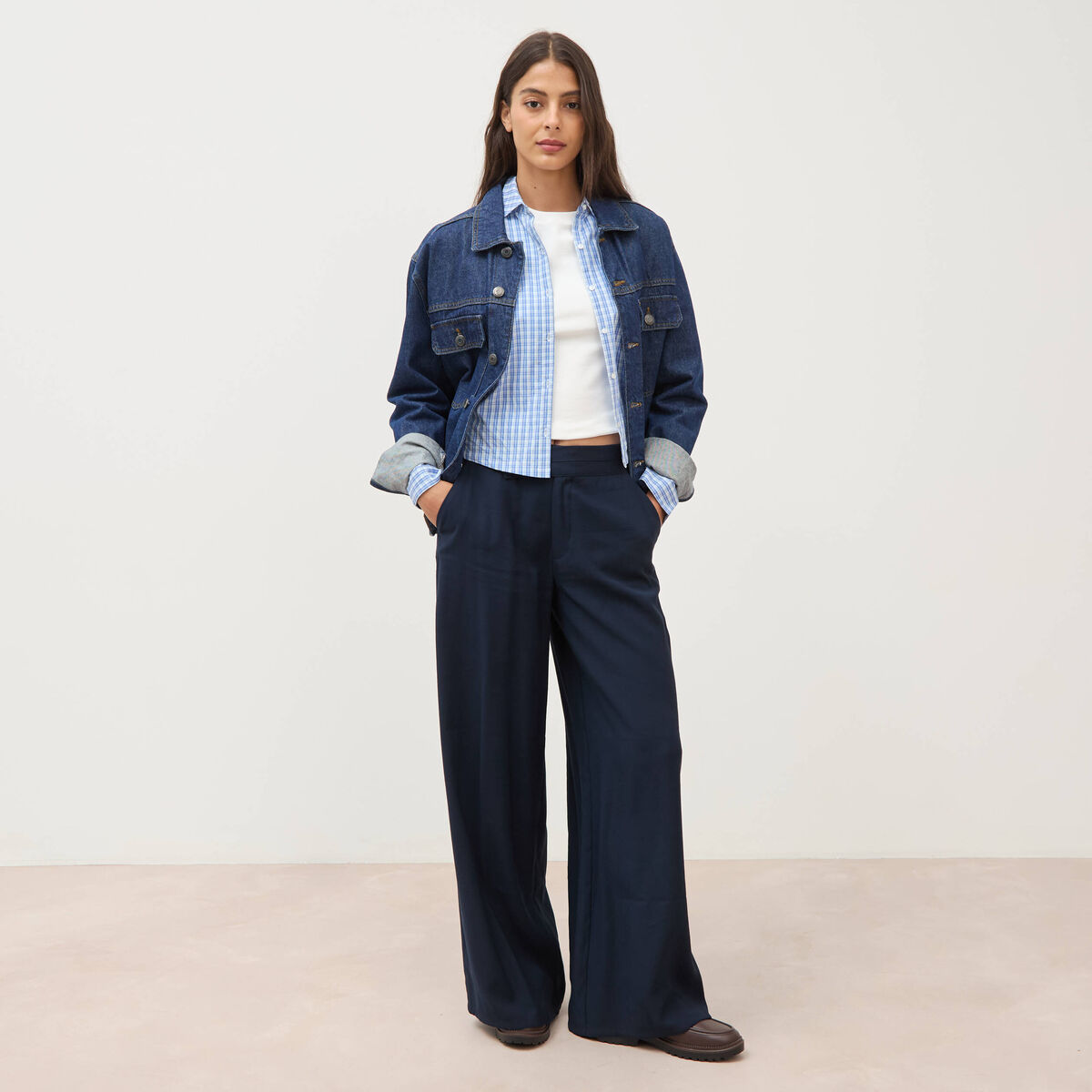 Pantalon large taille haute ceinture bleu fonc&eacute; femme