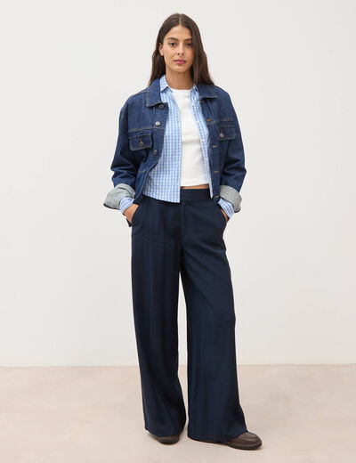 Pantalon large taille haute ceinture bleu fonc&eacute; femme