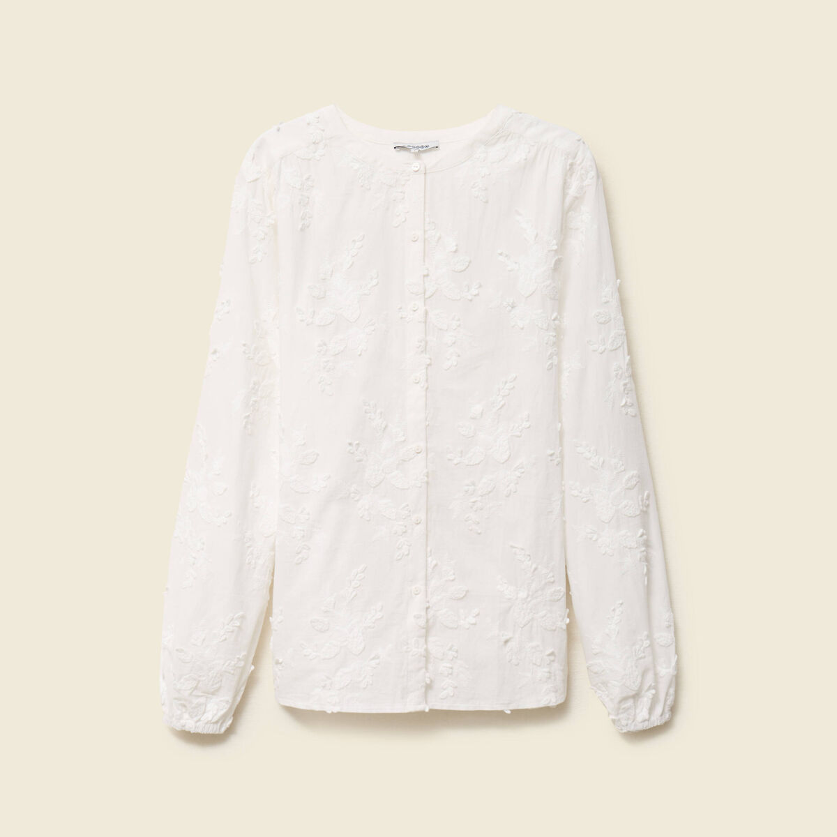 Chemise col rond manches longues brod&eacute;e ecru femme