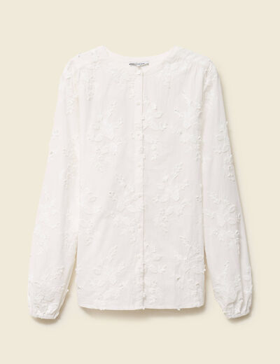 Chemise col rond manches longues brod&eacute;e ecru femme