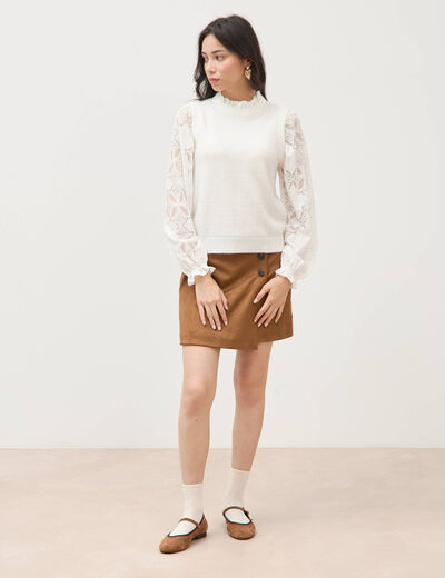 Pull droit col montant manches longues ecru femme