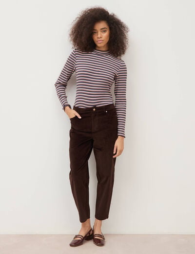 Pantalon barrel taille haute velours marron femme
