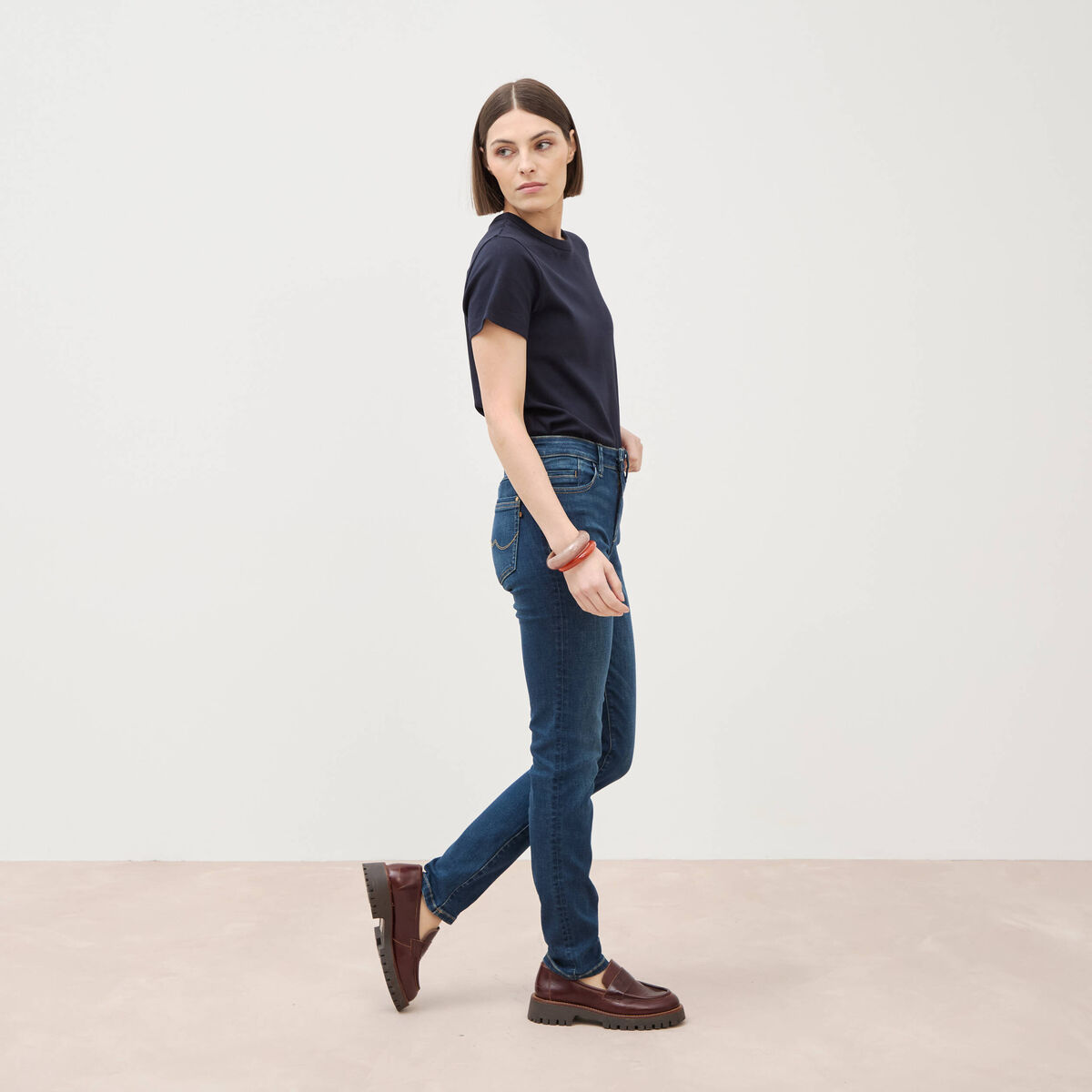 Jeans slim taille haute denim brut femme
