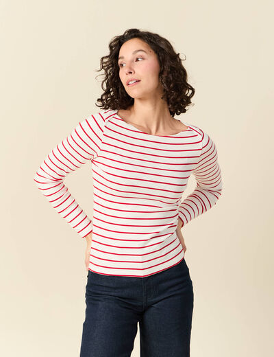 T-shirt ray&eacute; ajust&eacute; manches longues rouge femme
