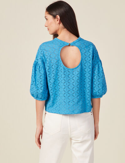 T-shirt manches 3/4 ajouré bleu femme