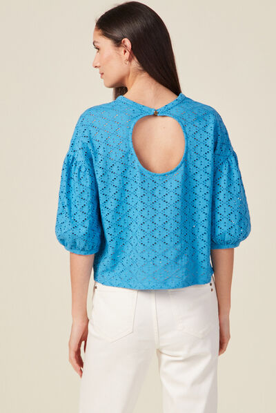 T-shirt manches 3/4 ajouré bleu femme