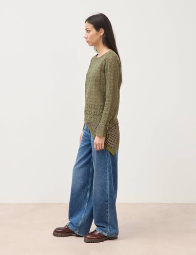 T-shirt manches longues en dentelle vert kaki femme