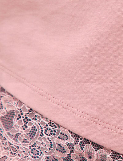 T-shirt droit col rond avec dentelle vieux rose femme