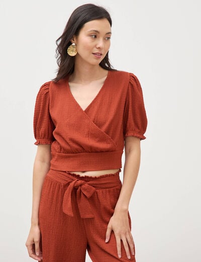 Blouse cropped manches courtes marron cognac femme