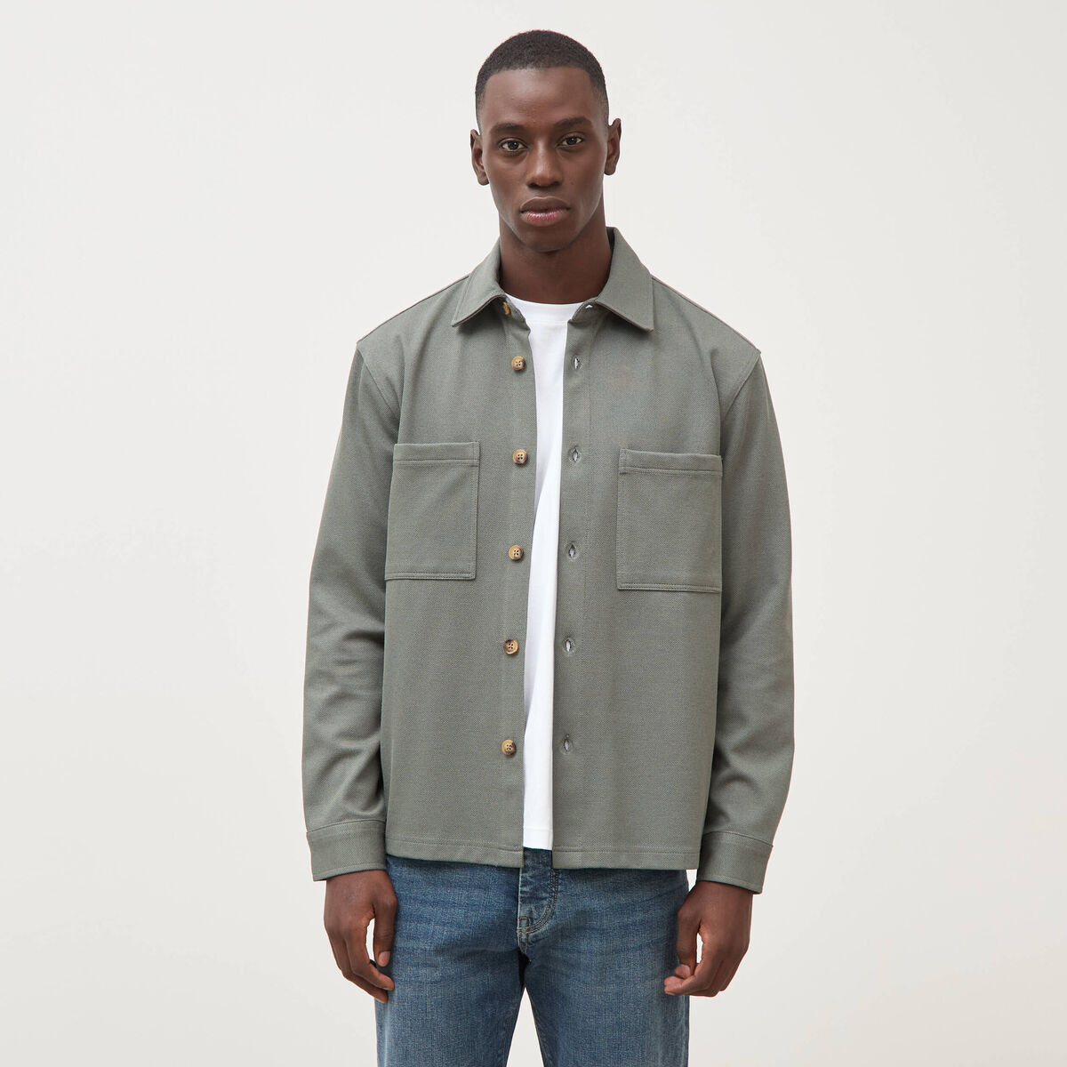Surchemise droite col am&eacute;ricain vert kaki homme