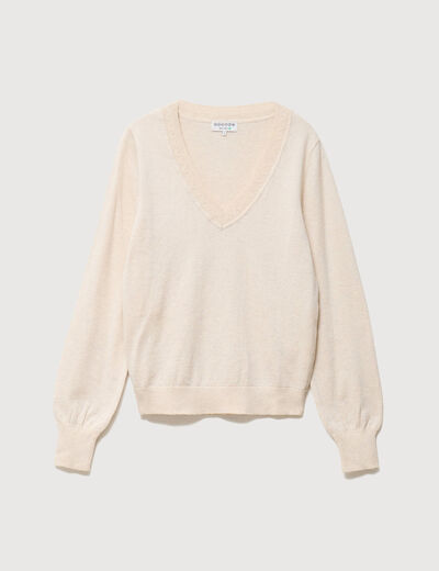 Pull droit col v manches longues creme femme