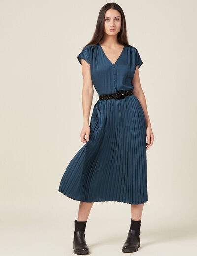 Robe midi évasée plissée satin bleu canard femme