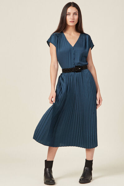 Robe midi évasée plissée satin bleu canard femme