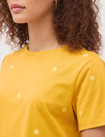 T-shirt droit col rond brod&eacute; en coton jaune or femme