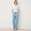 Jeans taille &eacute;lastique coupe droite denim bleach femme