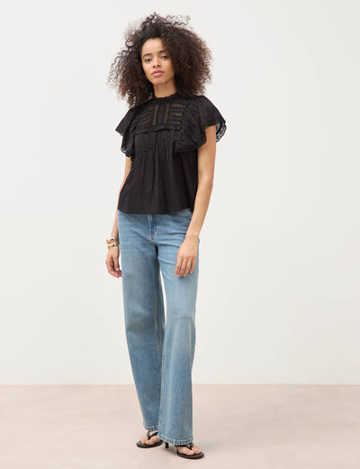 Blouse ample col montant manches courtes noir femme