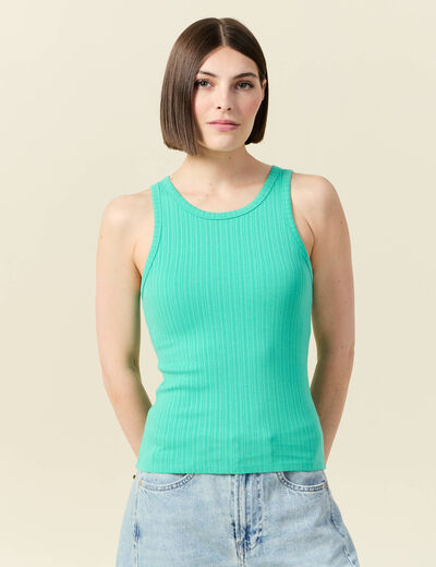 Débardeur cintré court col rond vert turquoise femme