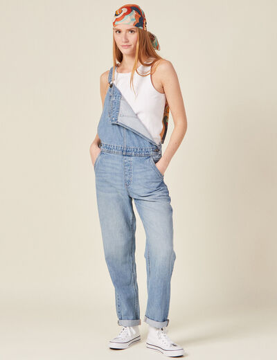 Salopette droite en jean denim used femme