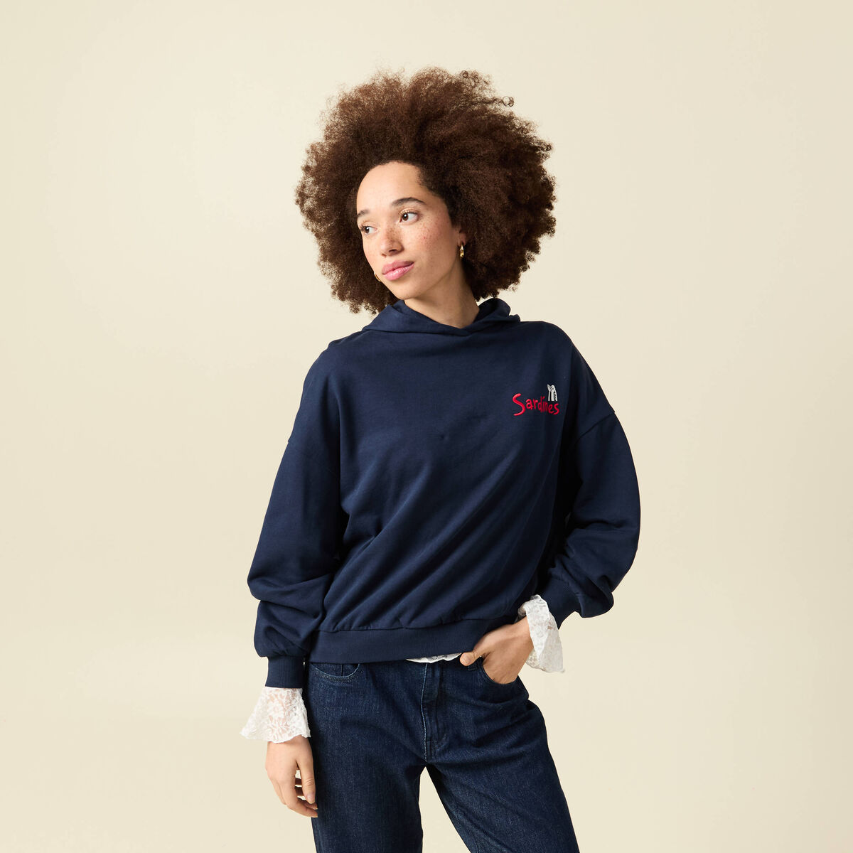 Sweat oversize &agrave; capuche en coton bleu marine femme