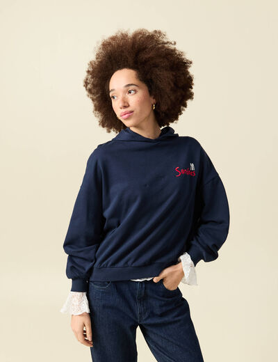 Sweat oversize &agrave; capuche en coton bleu marine femme