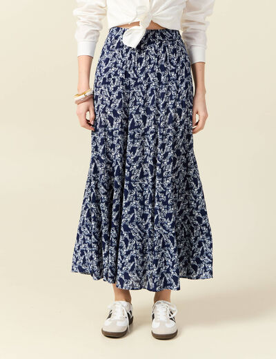 Jupe longue droite fluide bleu marine femme