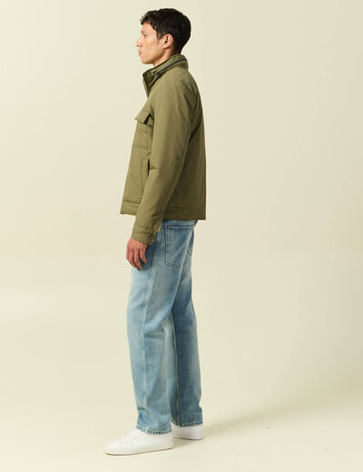 Blouson droit court &agrave; capuche vert kaki homme