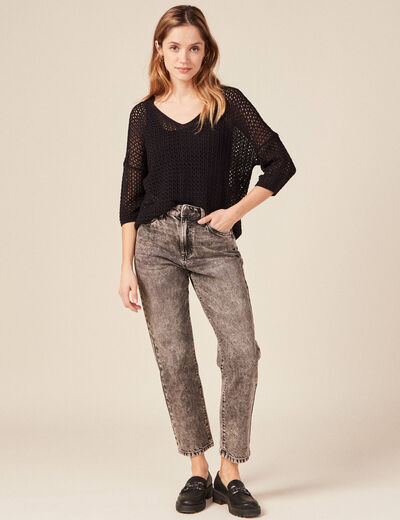 Pull ajour&eacute; col v manches 3/4 noir femme