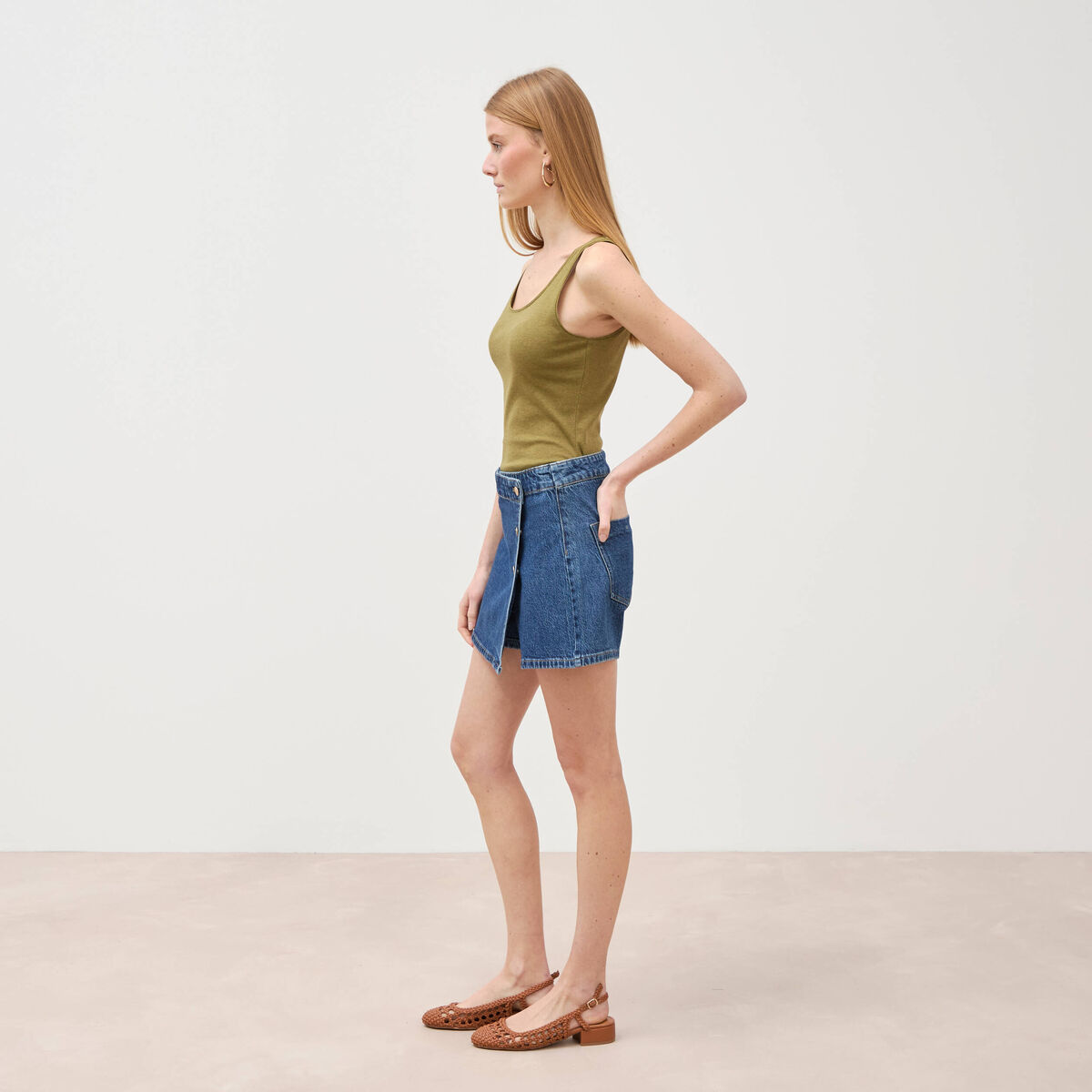 Jupe-short taille haute en jeans denim stone femme