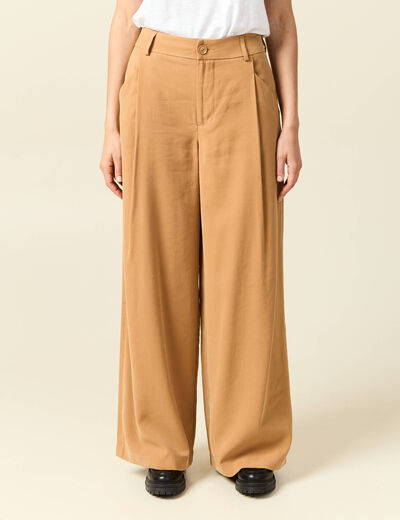 Pantalon large taille haute marron clair femme