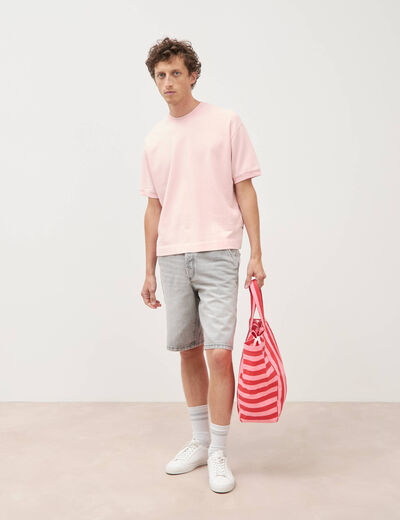 Sweat ample col rond manches courtes rose poudr&eacute;e homme