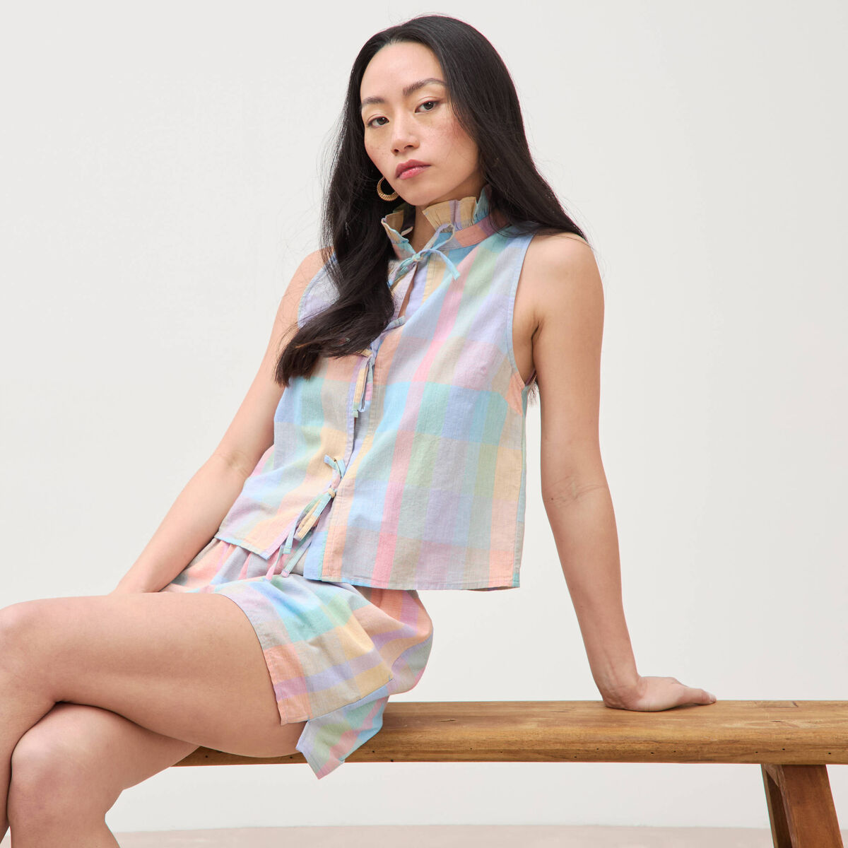 Top sans manches col montant en coton multicolore femme