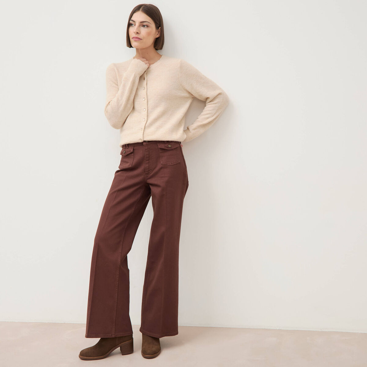 Jeans flare taille haute marron femme
