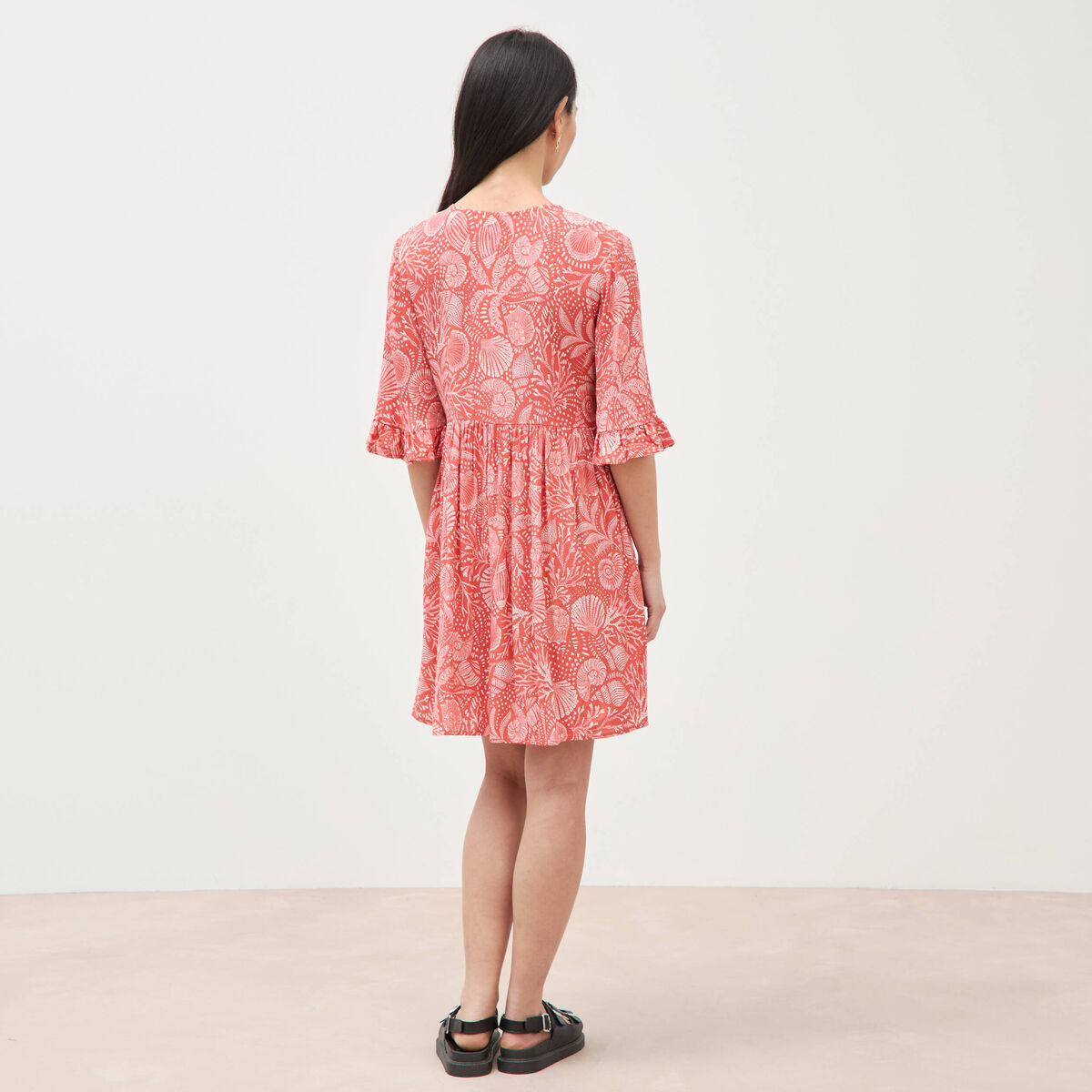 Robe col v manches au coude orange corail femme