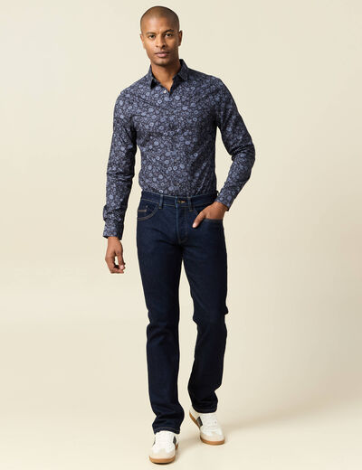 Chemise cintr&eacute;e en coton manches longues bleu marine homme