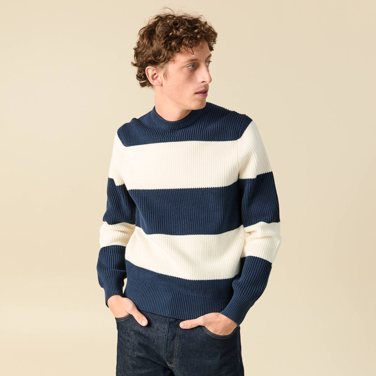 Pull fin ray&eacute; manches longues col rond bleu marine homme
