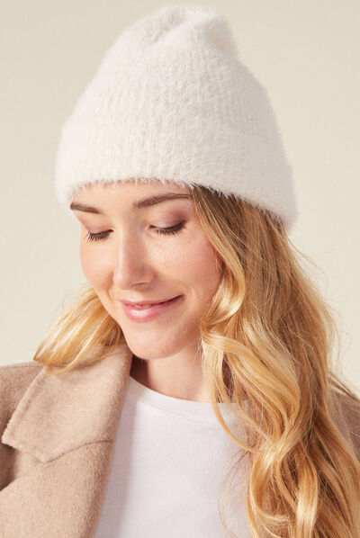Bonnet tricoté fils métallisés ecru femme