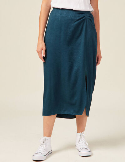 Jupe midi droite fendue satin bleu canard femme