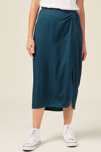 Jupe midi droite fendue satin bleu canard femme