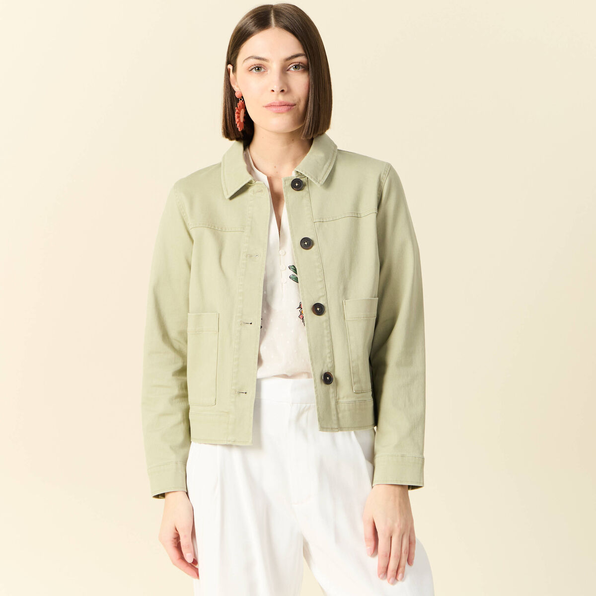 Blouson boutonn&eacute; vert kaki femme