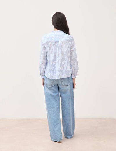 Chemise en coton col V manches longues bleu gris femme