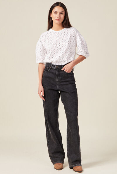 T-shirt manches 3/4 ajouré ecru femme