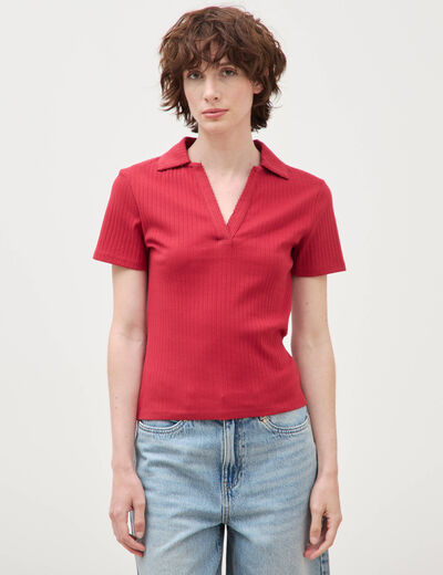 T-shirt polo ajust&eacute; c&ocirc;tel&eacute; en coton bordeaux femme