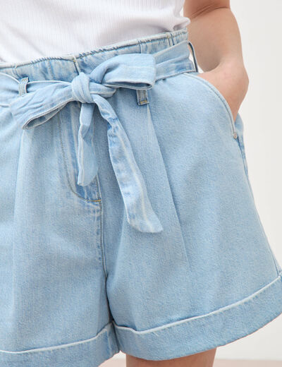 Short taille haute en jeans denim bleach femme