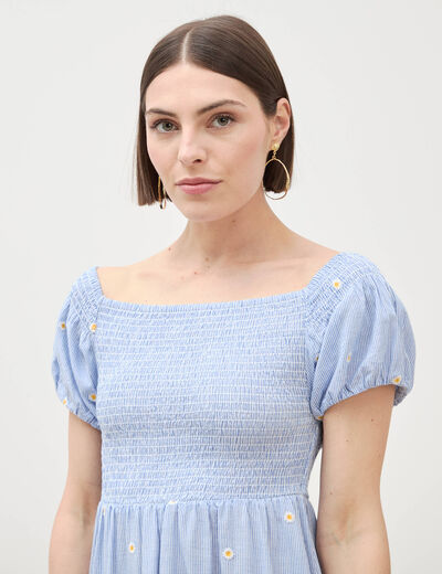 Robe col carr&eacute; manches courtes coton blanc femme