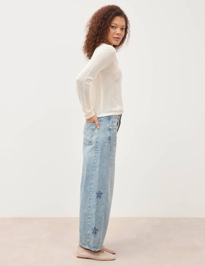 Pull ajour&eacute; col rond manches longues ecru femme