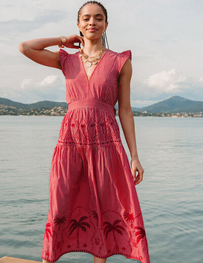 Robe col v manches volantes en coton rouge femme