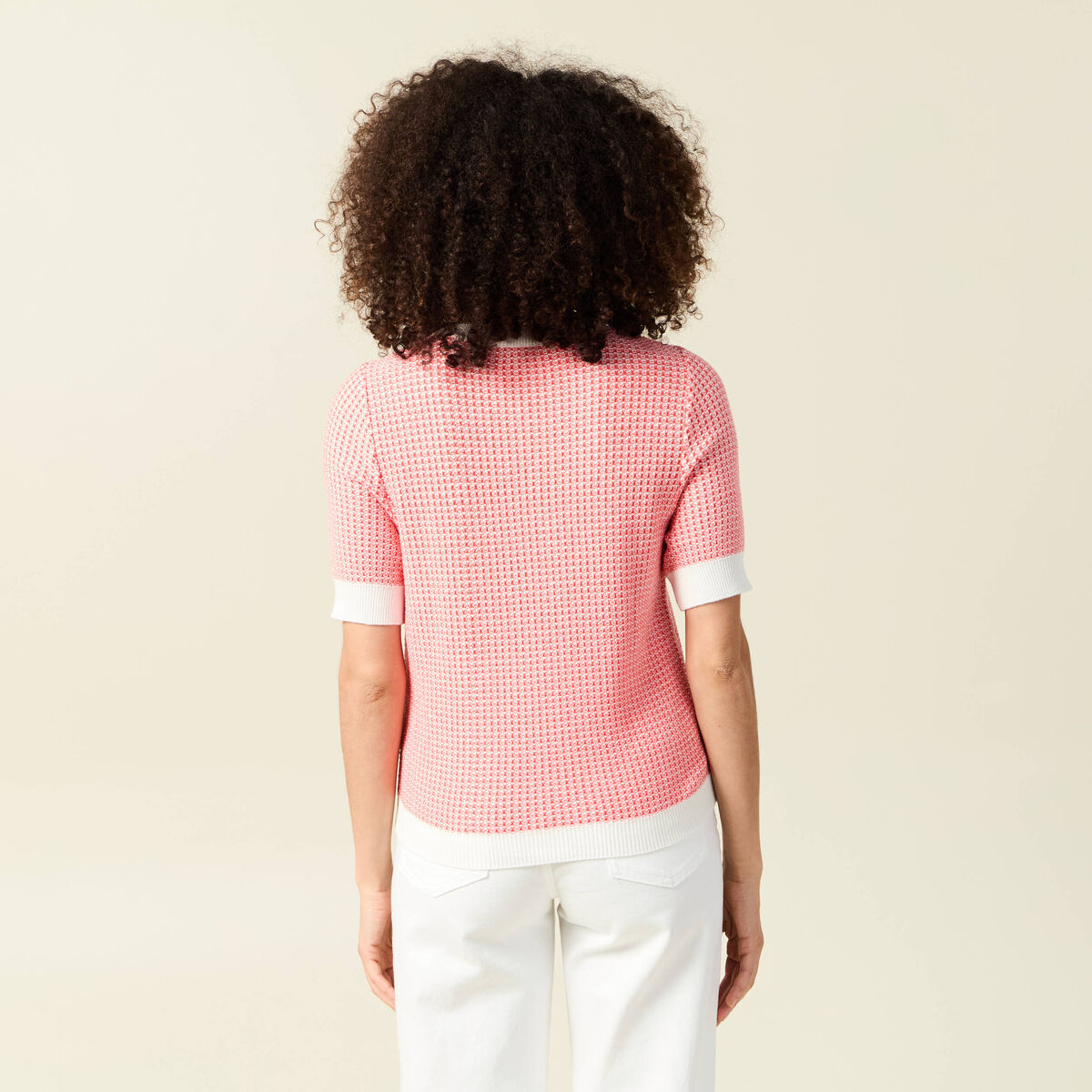 Pull droit court manches courtes ecru femme