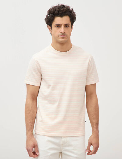 T-shirt ray&eacute; col rond manches courtes rose poudr&eacute;e homme